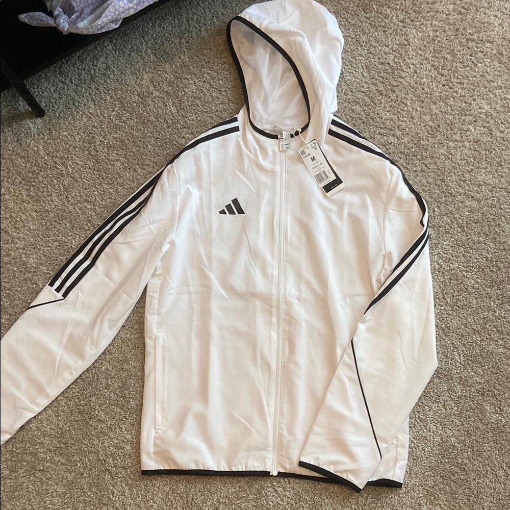 Adidas White Hooded Jacket with Black Stripes